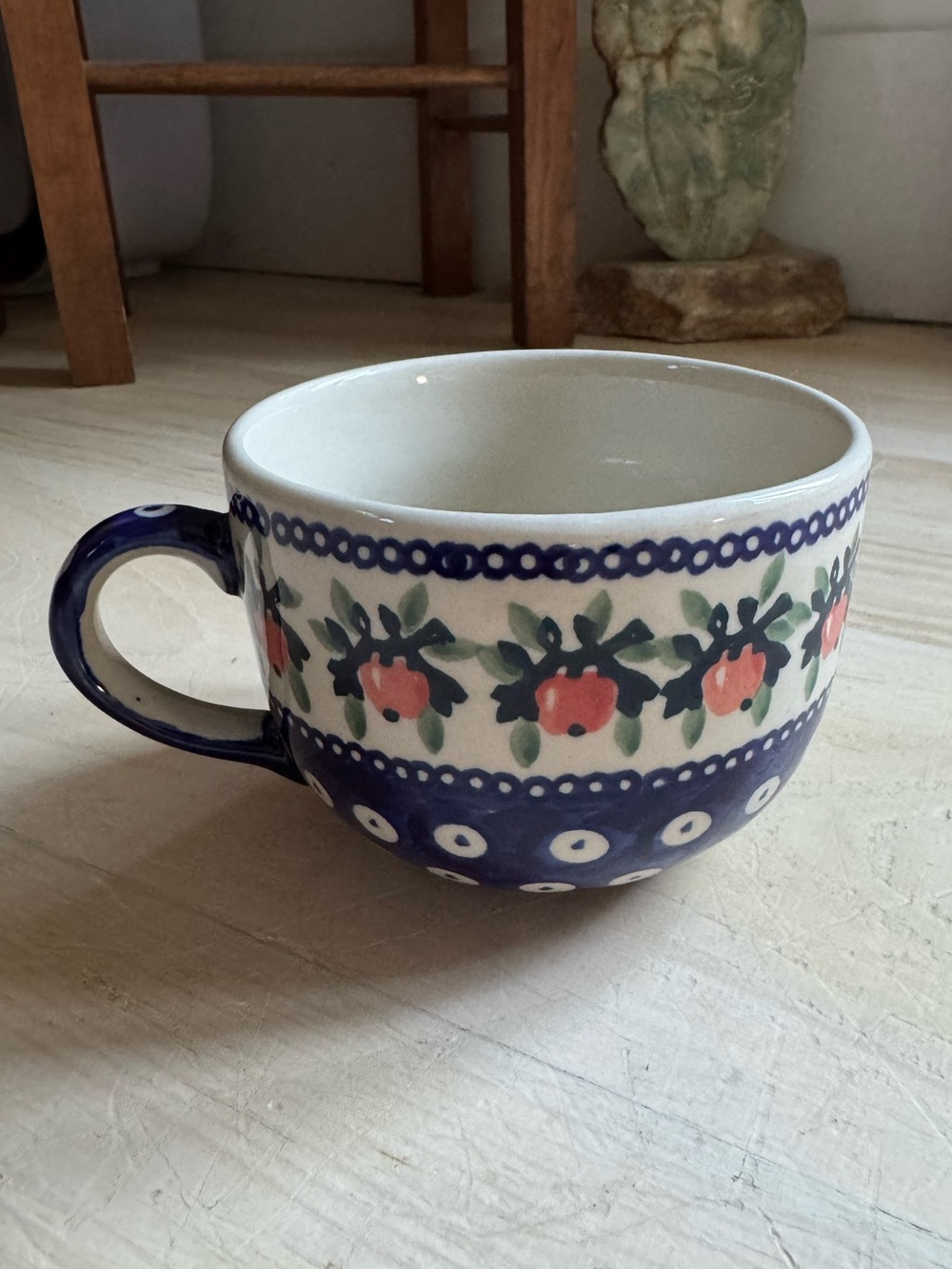 BOLESLAWIEC POLISH POTTERY HAND PAINTED PINK FLOWER MOSQUITO XL COFFEE MUG